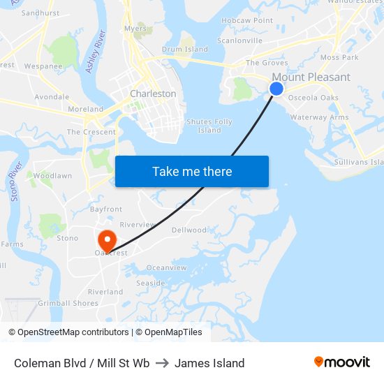 Coleman Blvd / Mill St Wb to James Island map