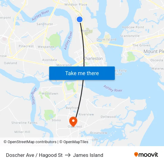 Doscher Ave / Hagood St to James Island map