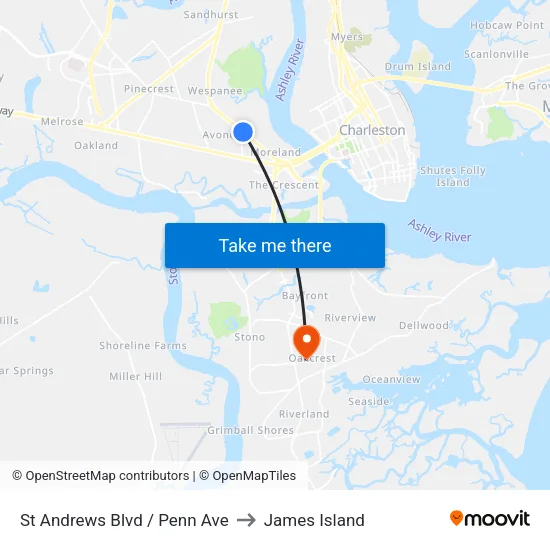 St Andrews Blvd / Penn Ave to James Island map