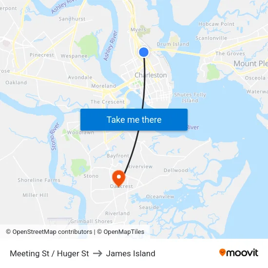 Meeting St / Huger St to James Island map