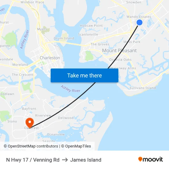 N Hwy 17 / Venning Rd to James Island map