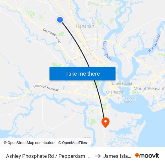 Ashley Phosphate Rd / Pepperdam Ave to James Island map