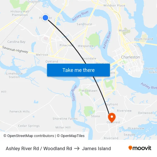 Ashley River Rd / Woodland Rd to James Island map