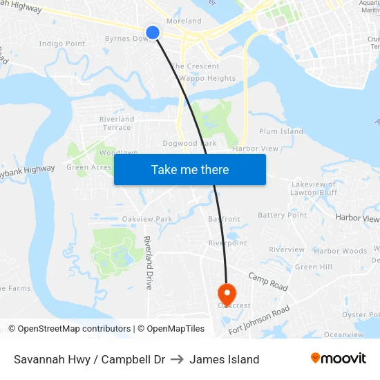 Savannah Hwy / Campbell Dr to James Island map