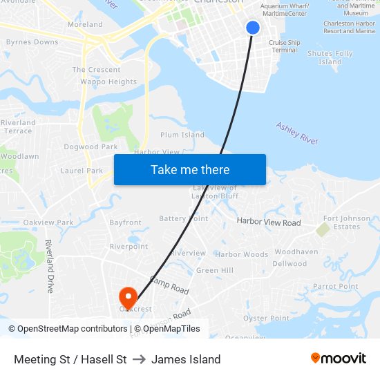 Meeting St / Hasell St to James Island map