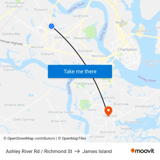 Ashley River Rd / Richmond St to James Island map