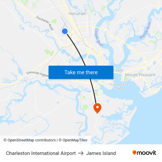 Charleston International Airport to James Island map