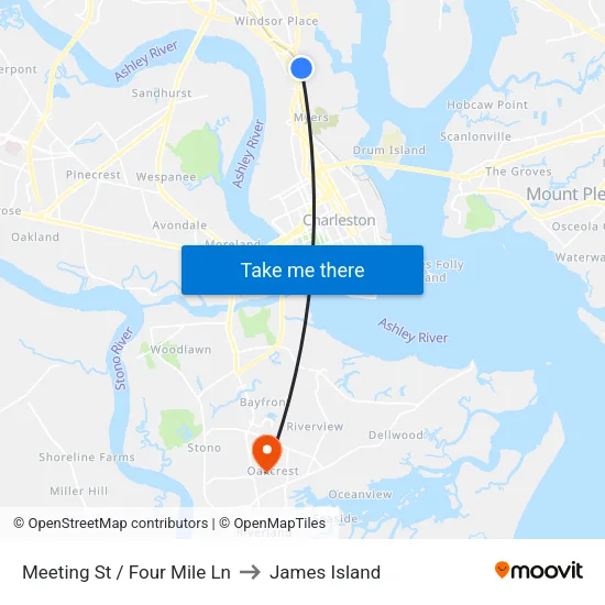 Meeting St / Four Mile Ln to James Island map
