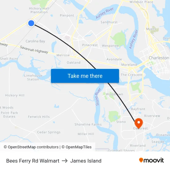Bees Ferry Rd Walmart to James Island map