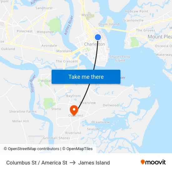 Columbus St / America St to James Island map