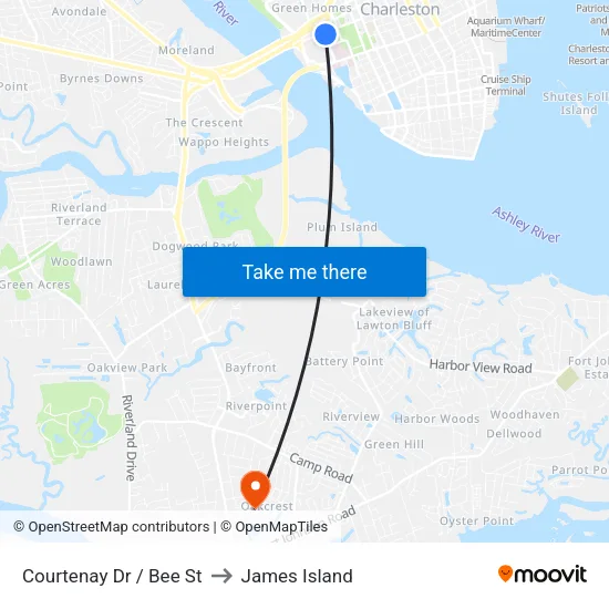 Courtenay Dr / Bee St to James Island map