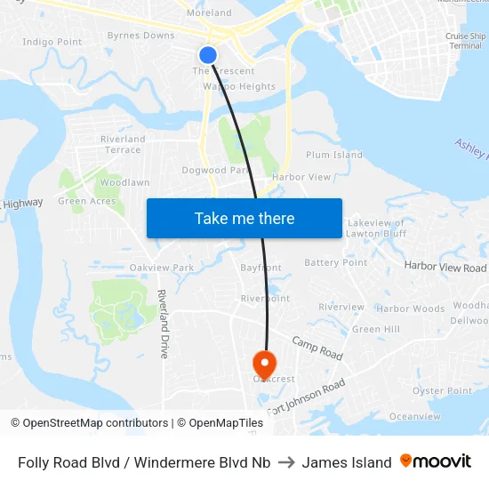 Folly Road Blvd / Windermere Blvd Nb to James Island map
