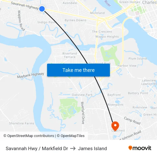 Savannah Hwy / Markfield Dr to James Island map