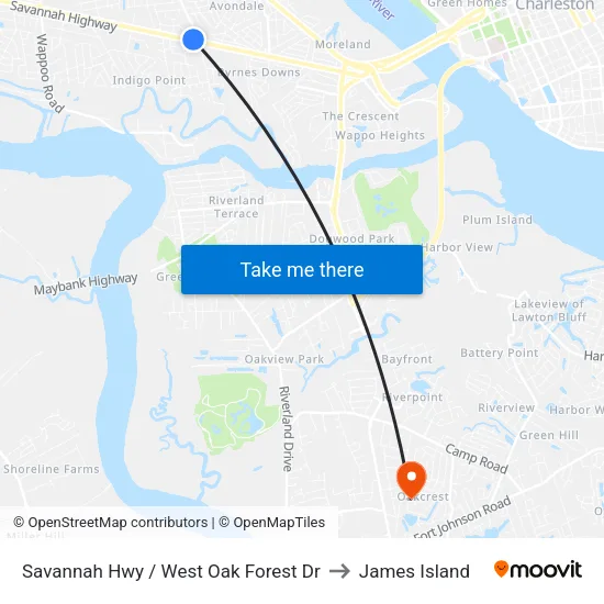 Savannah Hwy / West Oak Forest Dr to James Island map
