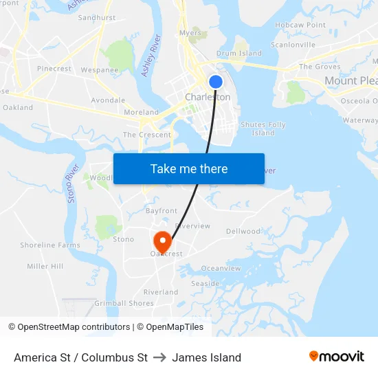 America St / Columbus St to James Island map