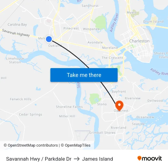 Savannah Hwy / Parkdale Dr to James Island map