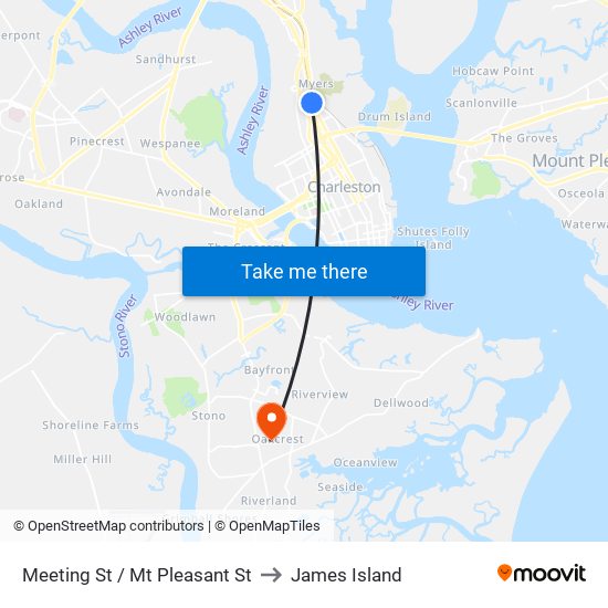 Meeting St / Mt Pleasant St to James Island map