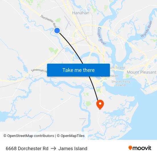 6668 Dorchester Rd to James Island map