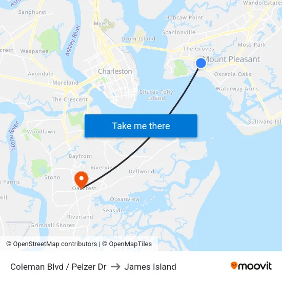 Coleman Blvd / Pelzer Dr to James Island map