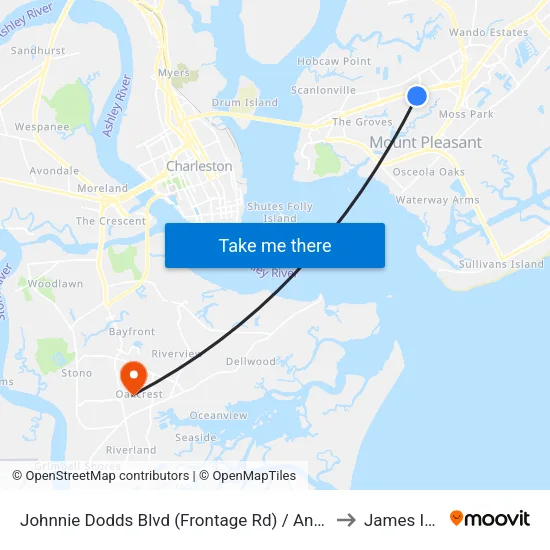 Johnnie Dodds Blvd (Frontage Rd) / Anna Knapp Blvd to James Island map
