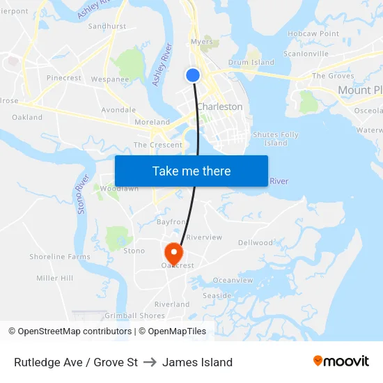 Rutledge Ave / Grove St to James Island map