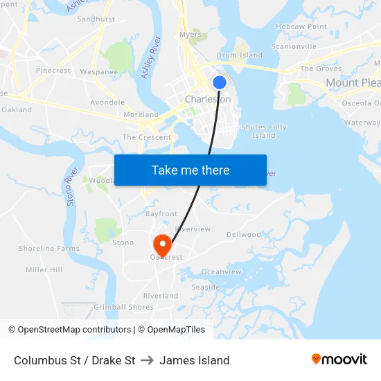 Columbus St / Drake St to James Island map