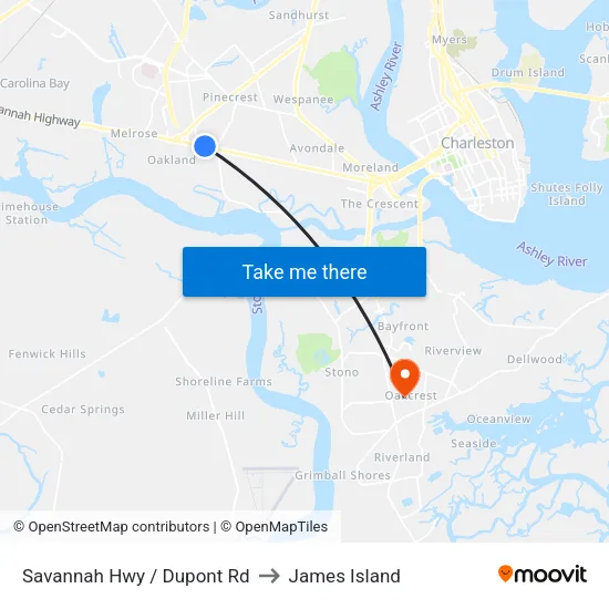 Savannah Hwy / Dupont Rd to James Island map