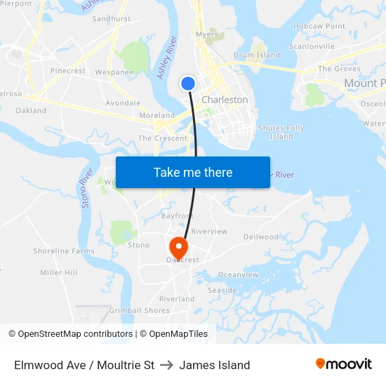 Elmwood Ave / Moultrie St to James Island map