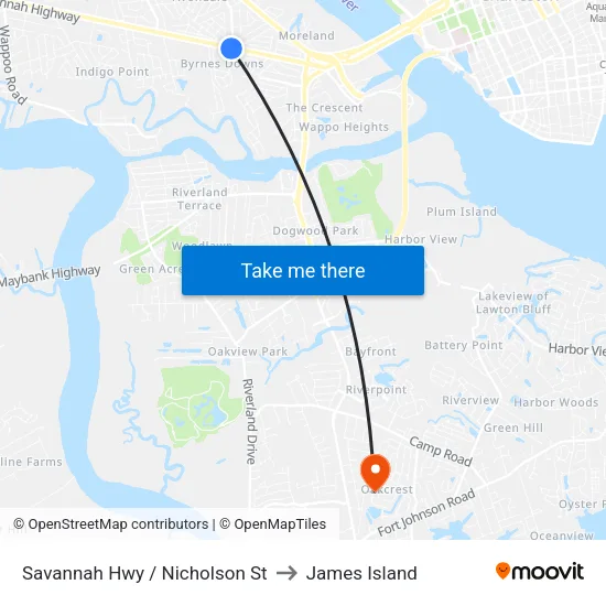 Savannah Hwy / Nicholson St to James Island map