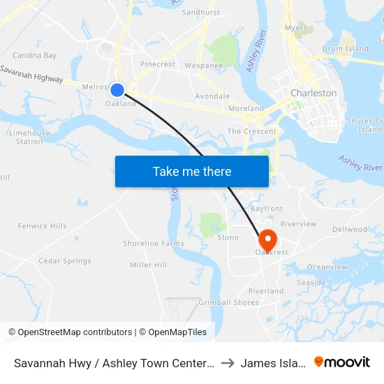 Savannah Hwy / Ashley Town Center Rd to James Island map