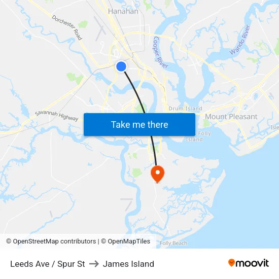 Leeds Ave / Spur St to James Island map