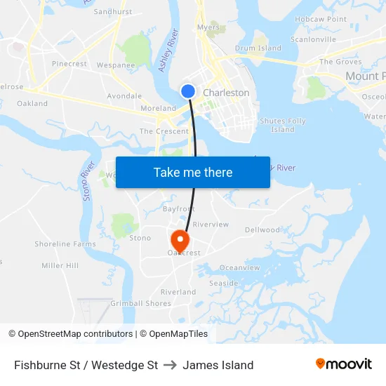 Fishburne St / Westedge St to James Island map