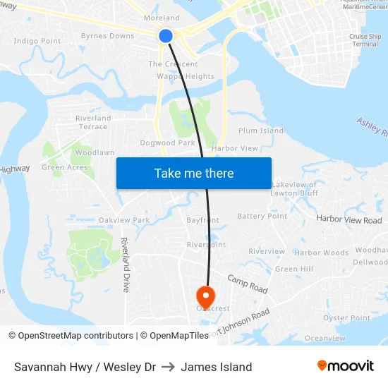 Savannah Hwy / Wesley Dr to James Island map
