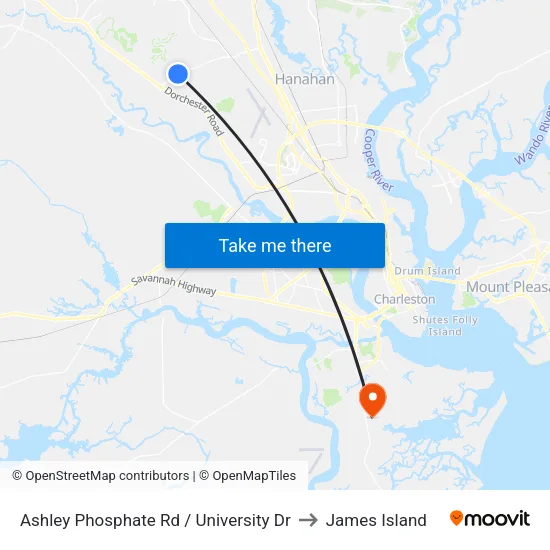 Ashley Phosphate Rd / University Dr to James Island map