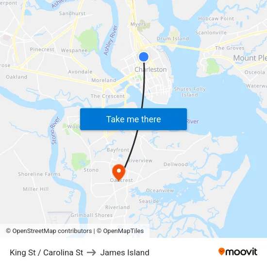 King St / Carolina St to James Island map