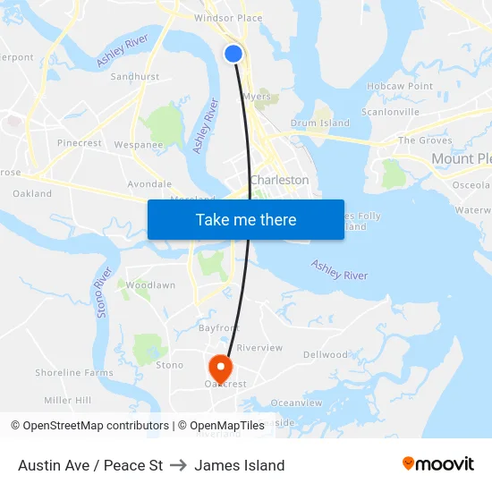 Austin Ave / Peace St to James Island map