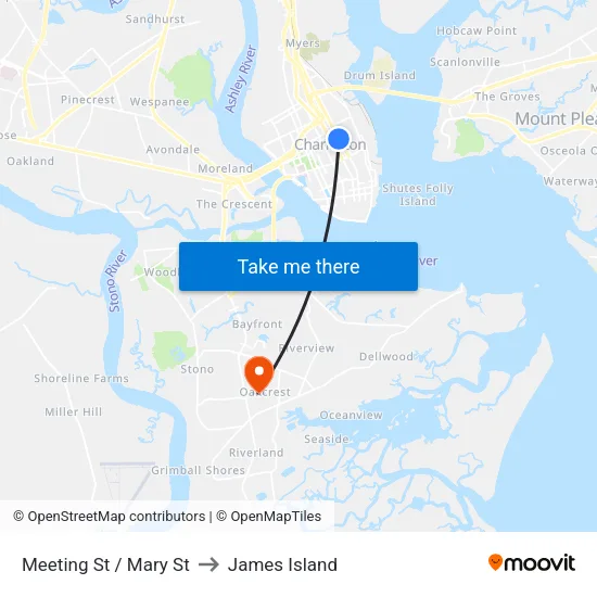 Meeting St / Mary St to James Island map