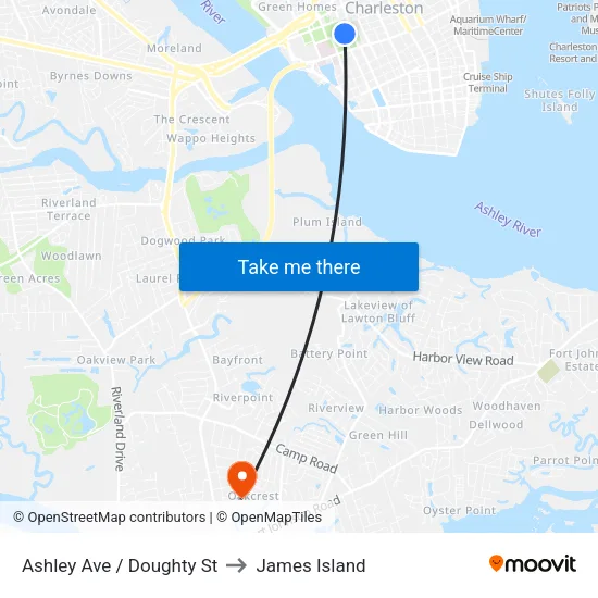Ashley Ave / Doughty St to James Island map