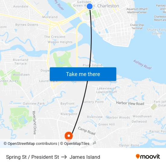 Spring St / President St to James Island map