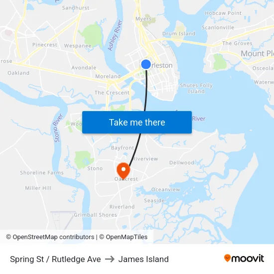Spring St / Rutledge Ave to James Island map