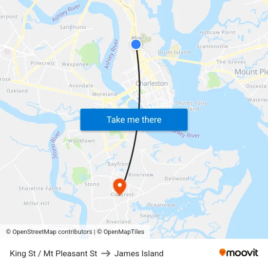 King St / Mt Pleasant St to James Island map