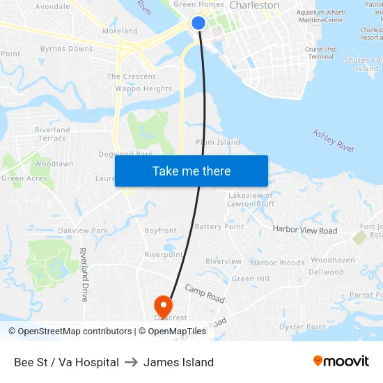 Bee St / Va Hospital to James Island map