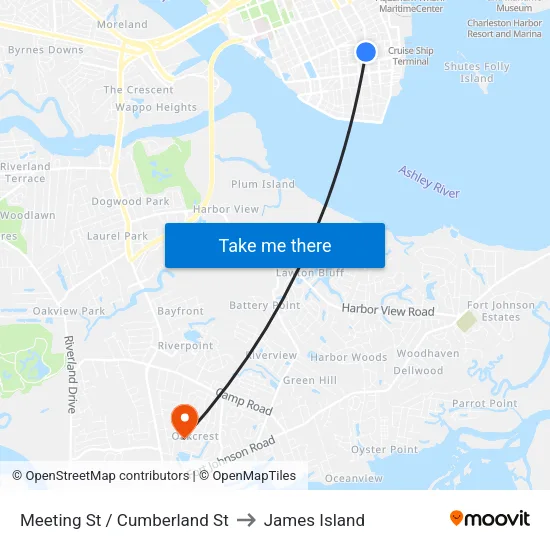 Meeting St / Cumberland St to James Island map