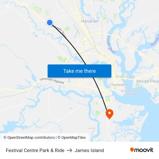 Festival Centre Park & Ride to James Island map