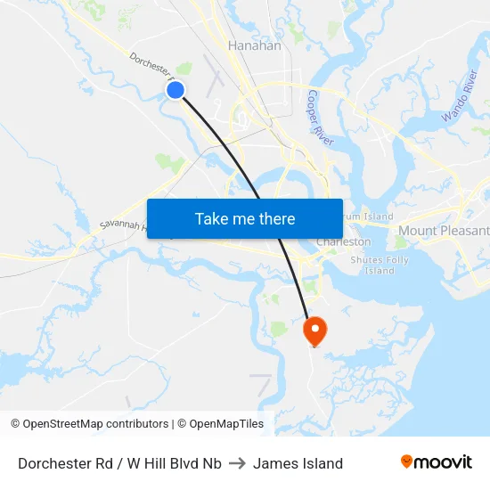 Dorchester Rd / W Hill Blvd Nb to James Island map