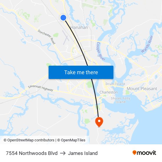 7554 Northwoods Blvd to James Island map