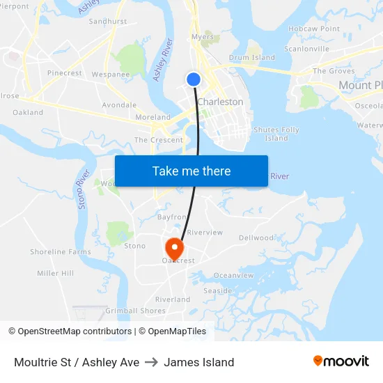 Moultrie St / Ashley Ave to James Island map