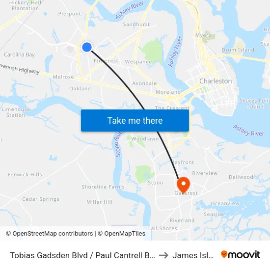 Tobias Gadsden Blvd / Paul Cantrell Blvd Sb to James Island map