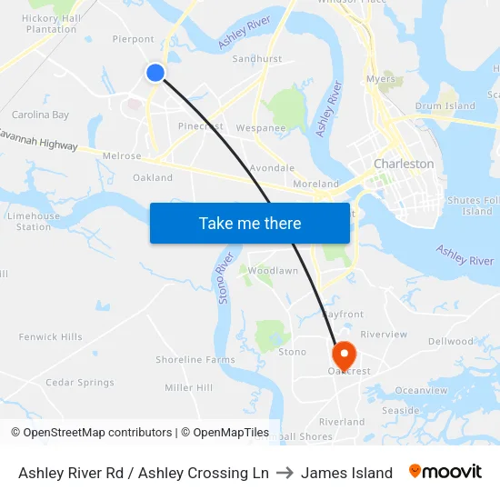 Ashley River Rd / Ashley Crossing Ln to James Island map
