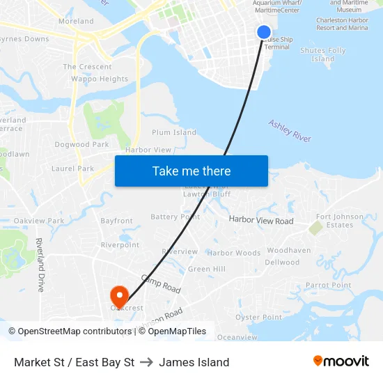 Market St / East Bay St to James Island map